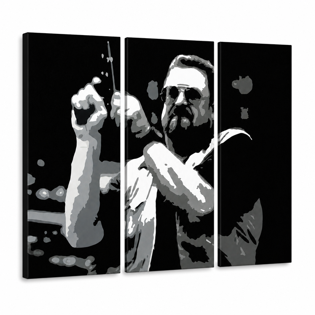 Ručne maľovaný POP Art obraz Big Lebowski – 3D vizualizácia ručne maľovaného plátna na bielom pozadí. Dominantné farby: čierna, biela, sivá.
