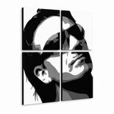 Ručne maľovaný POP Art obraz Bono-U2 – 3D vizualizácia ručne maľovaného plátna na bielom pozadí. Dominantné farby: čierna, biela, sivá.