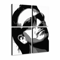 Ručne maľovaný POP Art obraz Bono-U2 – 3D vizualizácia ručne maľovaného plátna na bielom pozadí. Dominantné farby: čierna, biela, sivá.