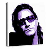 Ručne maľovaný POP Art obraz Bono-U2 – 3D vizualizácia ručne maľovaného plátna na bielom pozadí. Dominantné farby: čierna, fialová, biela.