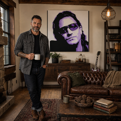 Ručne maľovaný POP Art obraz Bono-U2 – obraz v modernom mužskom interiéri, lifestyle vizualizácia. Dominantné farby: čierna, fialová, biela.