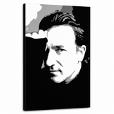 Ručne maľovaný POP Art obraz Bono-U2 – 3D vizualizácia ručne maľovaného plátna na bielom pozadí. Dominantné farby: čierna, biela, sivá.