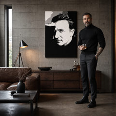Ručne maľovaný POP Art obraz Bono-U2 – obraz v modernom mužskom interiéri, lifestyle vizualizácia. Dominantné farby: čierna, biela, sivá.