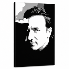 Ručne maľovaný POP Art obraz Bono-U2 – 3D vizualizácia ručne maľovaného plátna na bielom pozadí. Dominantné farby: čierna, biela, sivá.
