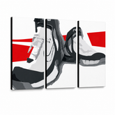 Ručne maľovaný POP Art obraz Boots – 3D vizualizácia ručne maľovaného plátna na bielom pozadí. Dominantné farby: čierna, biela, červená.