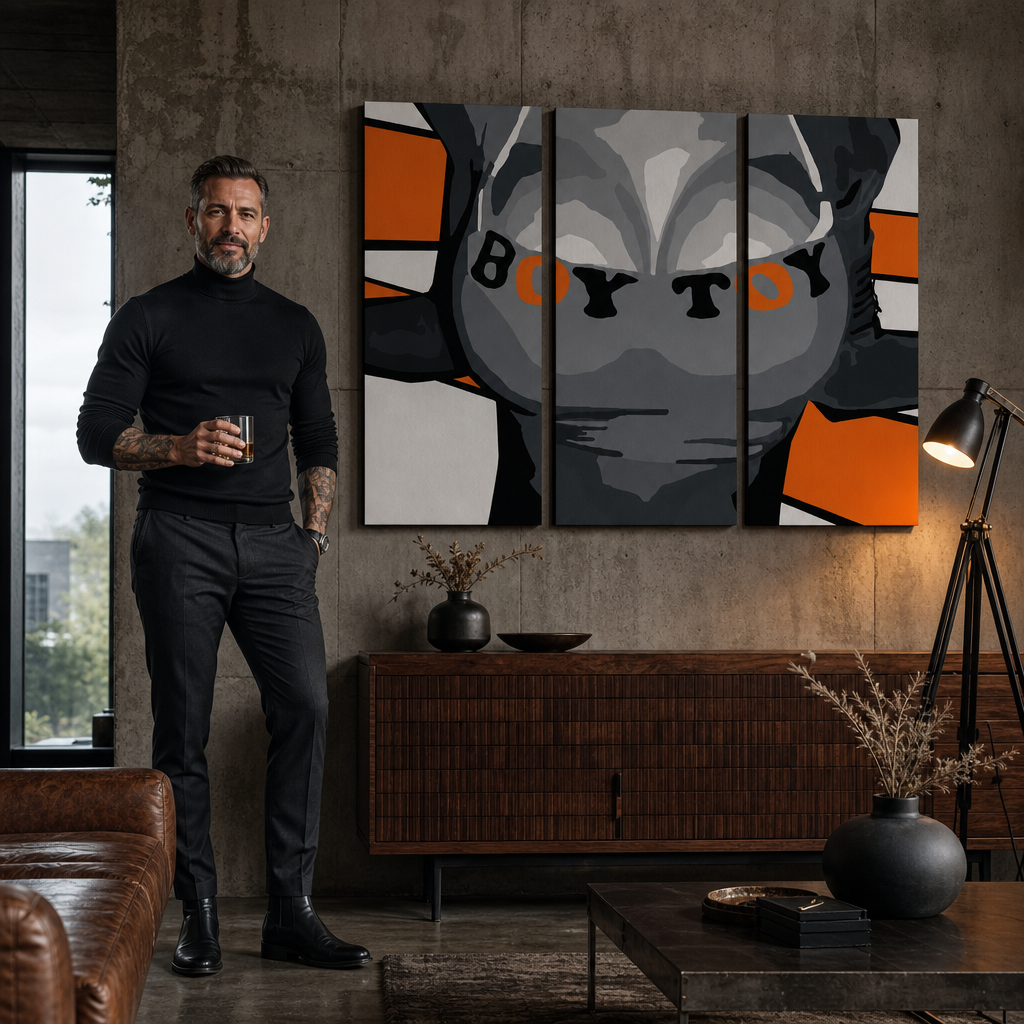 Ručne maľovaný POP Art obraz Boy – obraz v modernom mužskom interiéri, lifestyle vizualizácia. Dominantné farby: čierna, oranžová, sivá.