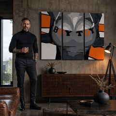Ručne maľovaný POP Art obraz Boy – obraz v modernom mužskom interiéri, lifestyle vizualizácia. Dominantné farby: čierna, oranžová, sivá.