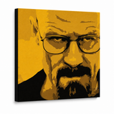 Ručne maľovaný POP Art obraz Breaking Bad – 3D vizualizácia ručne maľovaného plátna na bielom pozadí. Dominantné farby: žltá, čierna, hnedá.