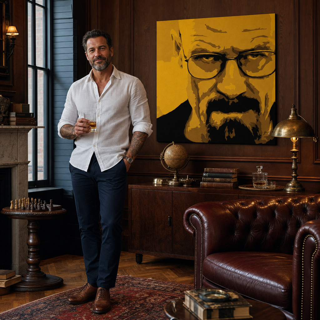 Ručne maľovaný POP Art obraz Breaking Bad – obraz v modernom mužskom interiéri, lifestyle vizualizácia. Dominantné farby: žltá, čierna, hnedá.