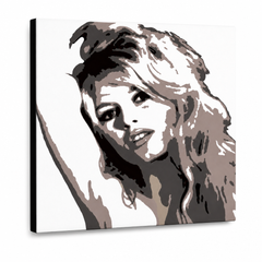 Ručne maľovaný POP Art obraz Brigitte Bardot – 3D vizualizácia ručne maľovaného plátna na bielom pozadí. Dominantné farby: čierna, hnedá, béžová.