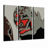 Ručne maľovaný POP Art obraz BROWN APE – 3D vizualizácia ručne maľovaného plátna na bielom pozadí. Dominantné farby: čierna, červená, sivá, hnedá, biela.