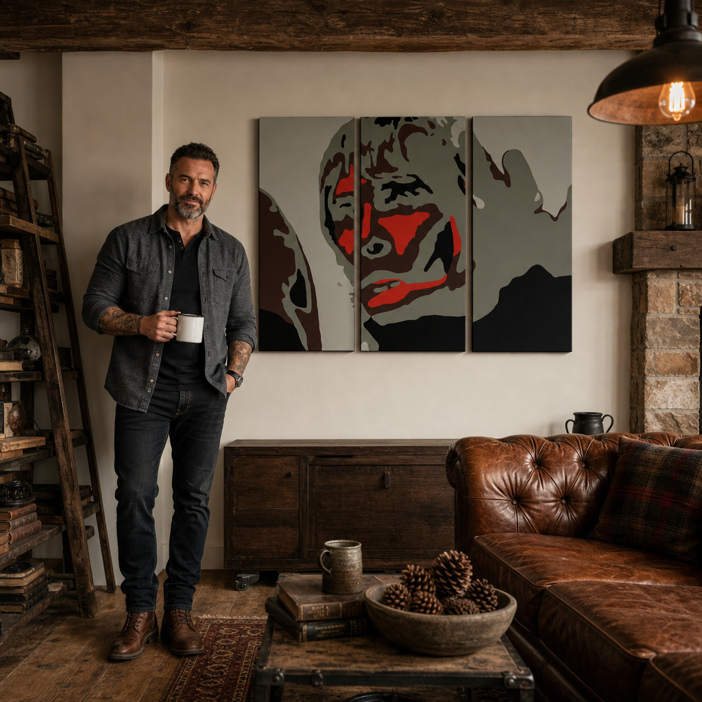 Ručne maľovaný POP Art obraz BROWN APE – obraz v modernom mužskom interiéri, lifestyle vizualizácia. Dominantné farby: čierna, červená, sivá, hnedá, biela.