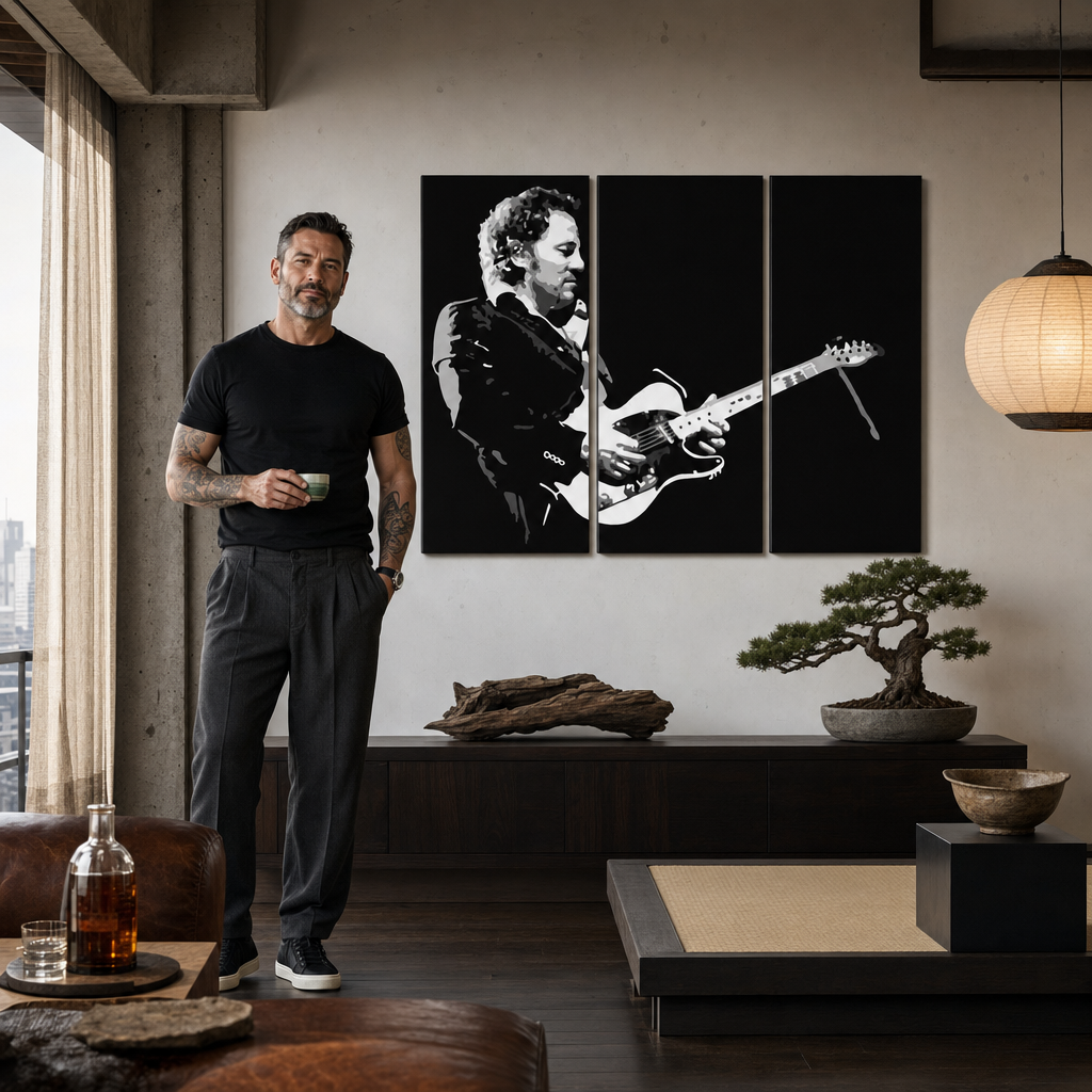 Ručne maľovaný POP Art obraz Bruce Springsteen – obraz v modernom mužskom interiéri, lifestyle vizualizácia. Dominantné farby: čierna, biela, šedá.