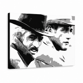 Ručne maľovaný POP Art obraz Butch Cassidy – 3D vizualizácia ručne maľovaného plátna na bielom pozadí. Dominantné farby: čierna, biela, sivá.