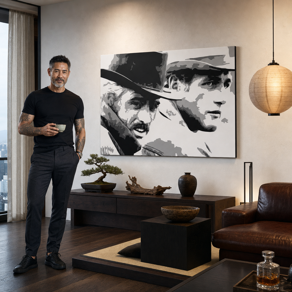 Ručne maľovaný POP Art obraz Butch Cassidy – obraz v modernom mužskom interiéri, lifestyle vizualizácia. Dominantné farby: čierna, biela, sivá.