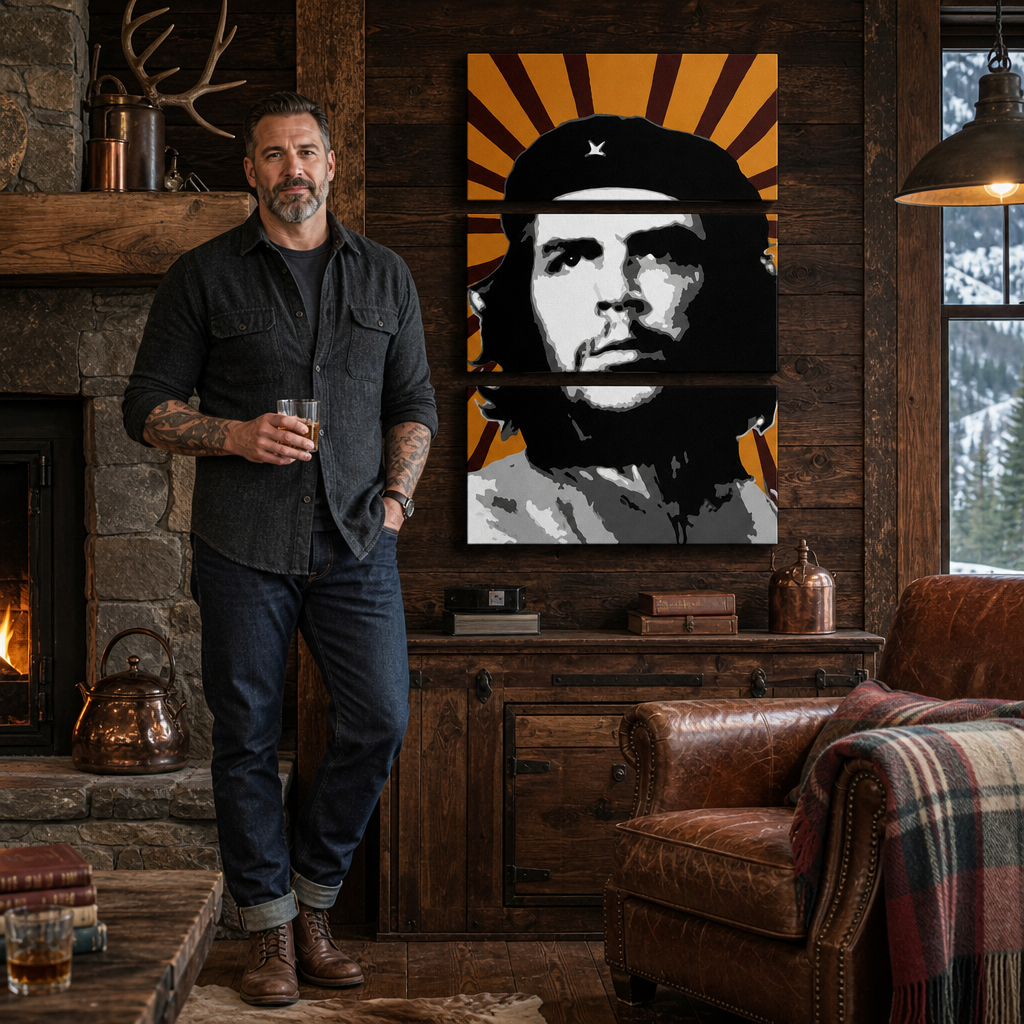 Ručne maľovaný POP Art obraz Che Guevara – obraz v modernom mužskom interiéri, lifestyle vizualizácia. Dominantné farby: žltá, čierna, biela, sivá, oranžová.