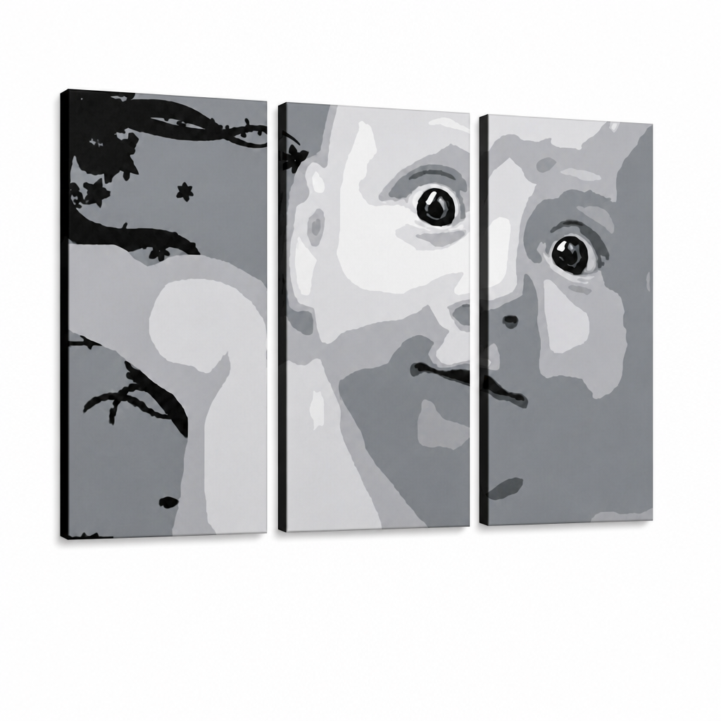 Ručne maľovaný POP Art obraz CHILD – 3D vizualizácia ručne maľovaného plátna na bielom pozadí. Dominantné farby: biela, čierna, sivá.