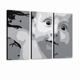 Ručne maľovaný POP Art obraz CHILD – 3D vizualizácia ručne maľovaného plátna na bielom pozadí. Dominantné farby: biela, čierna, sivá.