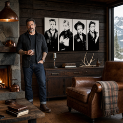 Ručne maľovaný POP Art obraz Clash – obraz v modernom mužskom interiéri, lifestyle vizualizácia. Dominantné farby: čierna, biela, sivá.
