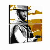 Ručne maľovaný POP Art obraz Clint Eastwood – 3D vizualizácia ručne maľovaného plátna na bielom pozadí. Dominantné farby: čierna, oranžová, biela, sivá, hnedá.