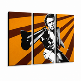 Ručne maľovaný POP Art obraz Clint Eastwood – 3D vizualizácia ručne maľovaného plátna na bielom pozadí. Dominantné farby: oranžová, hnedá, čierna.