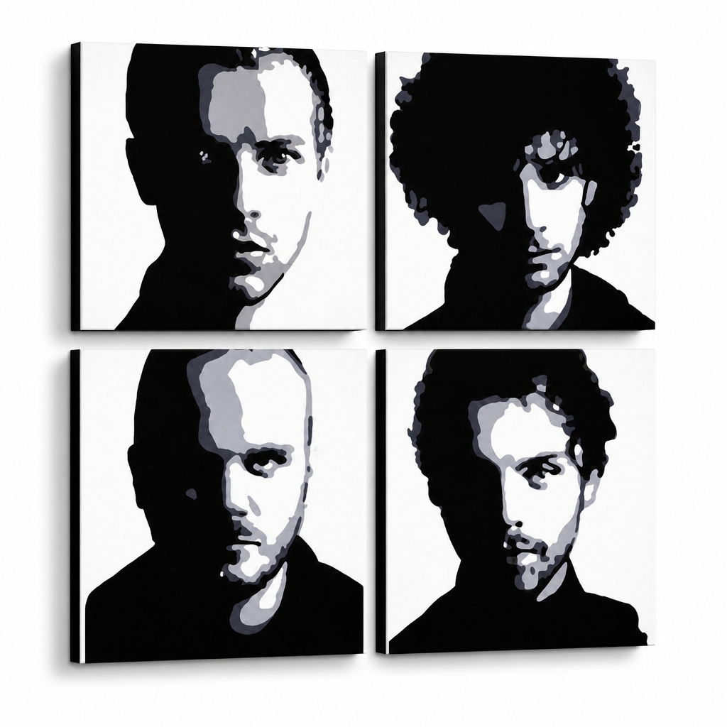 Ručne maľovaný POP Art obraz Coldplay – 3D vizualizácia ručne maľovaného plátna na bielom pozadí. Dominantné farby: čierna, biela, sivá.