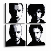 Ručne maľovaný POP Art obraz Coldplay – 3D vizualizácia ručne maľovaného plátna na bielom pozadí. Dominantné farby: čierna, biela, sivá.