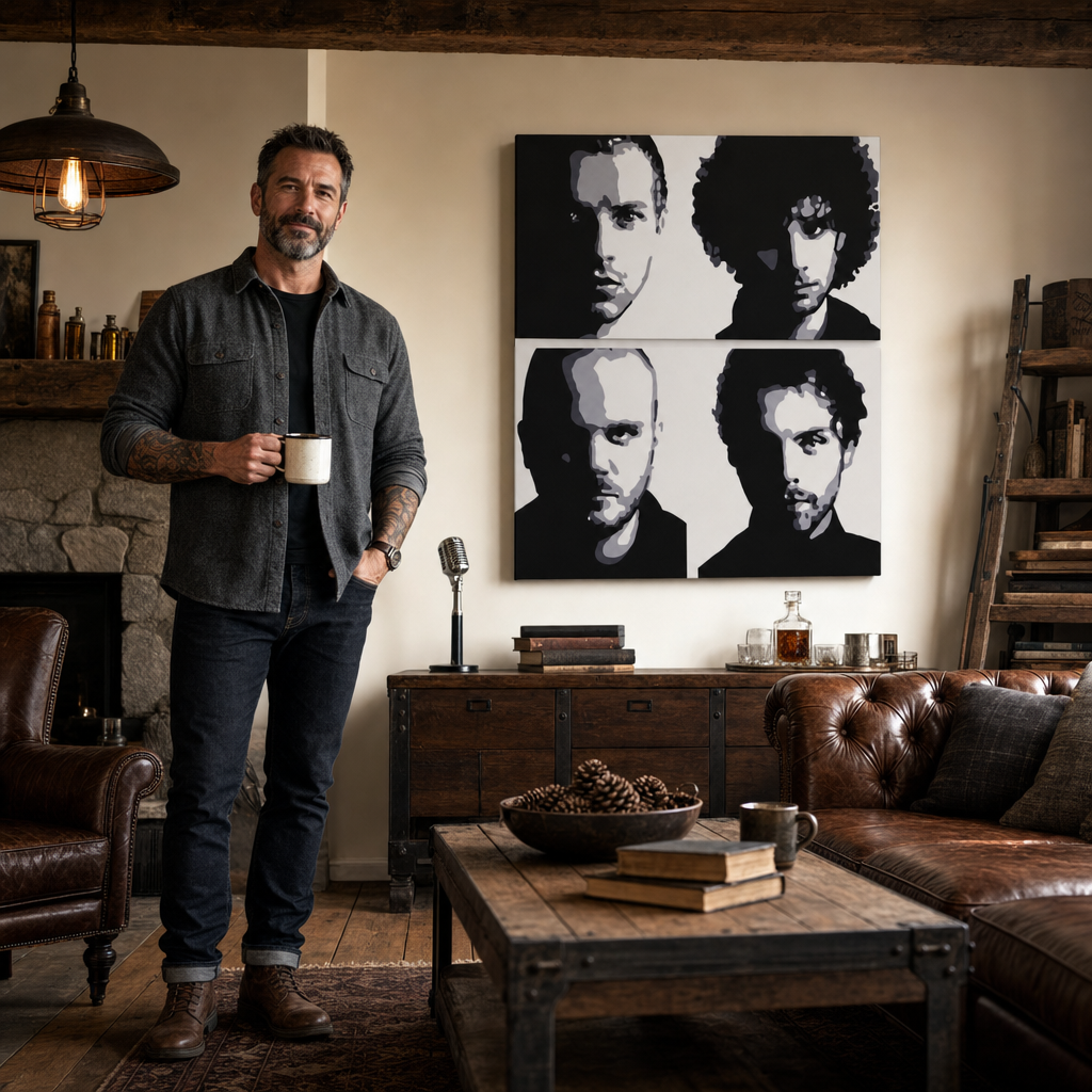 Ručne maľovaný POP Art obraz Coldplay – obraz v modernom mužskom interiéri, lifestyle vizualizácia. Dominantné farby: čierna, biela, sivá.