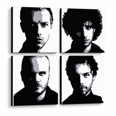 Ručne maľovaný POP Art obraz Coldplay – 3D vizualizácia ručne maľovaného plátna na bielom pozadí. Dominantné farby: čierna, biela, sivá.