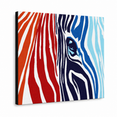 Ručne maľovaný POP Art obraz COLOURS zebra – 3D vizualizácia ručne maľovaného plátna na bielom pozadí. Dominantné farby: červená, oranzová, modrá, biela, čierna.