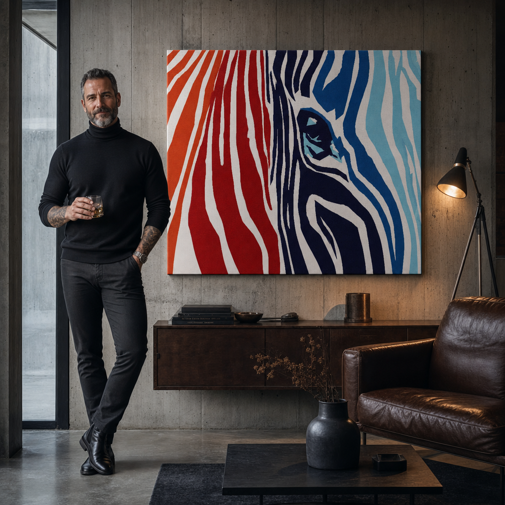Ručne maľovaný POP Art obraz COLOURS zebra – obraz v modernom mužskom interiéri, lifestyle vizualizácia. Dominantné farby: červená, oranzová, modrá, biela, čierna.