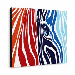 Ručne maľovaný POP Art obraz COLOURS zebra – 3D vizualizácia ručne maľovaného plátna na bielom pozadí. Dominantné farby: červená, oranzová, modrá, biela, čierna.