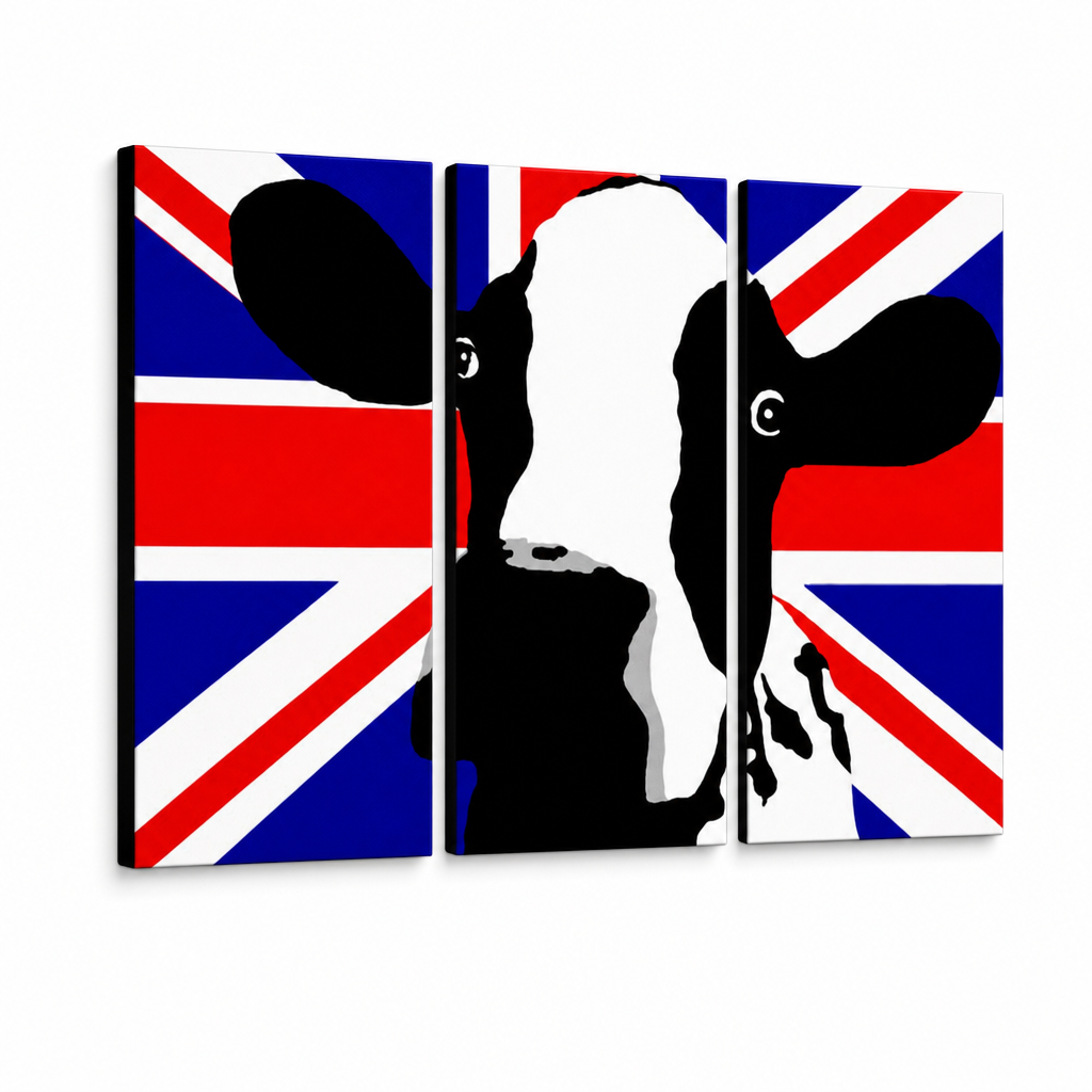Ručne maľovaný POP Art obraz Cow – 3D vizualizácia ručne maľovaného plátna na bielom pozadí. Dominantné farby: čierna, biela, červená, modrá, žltá.