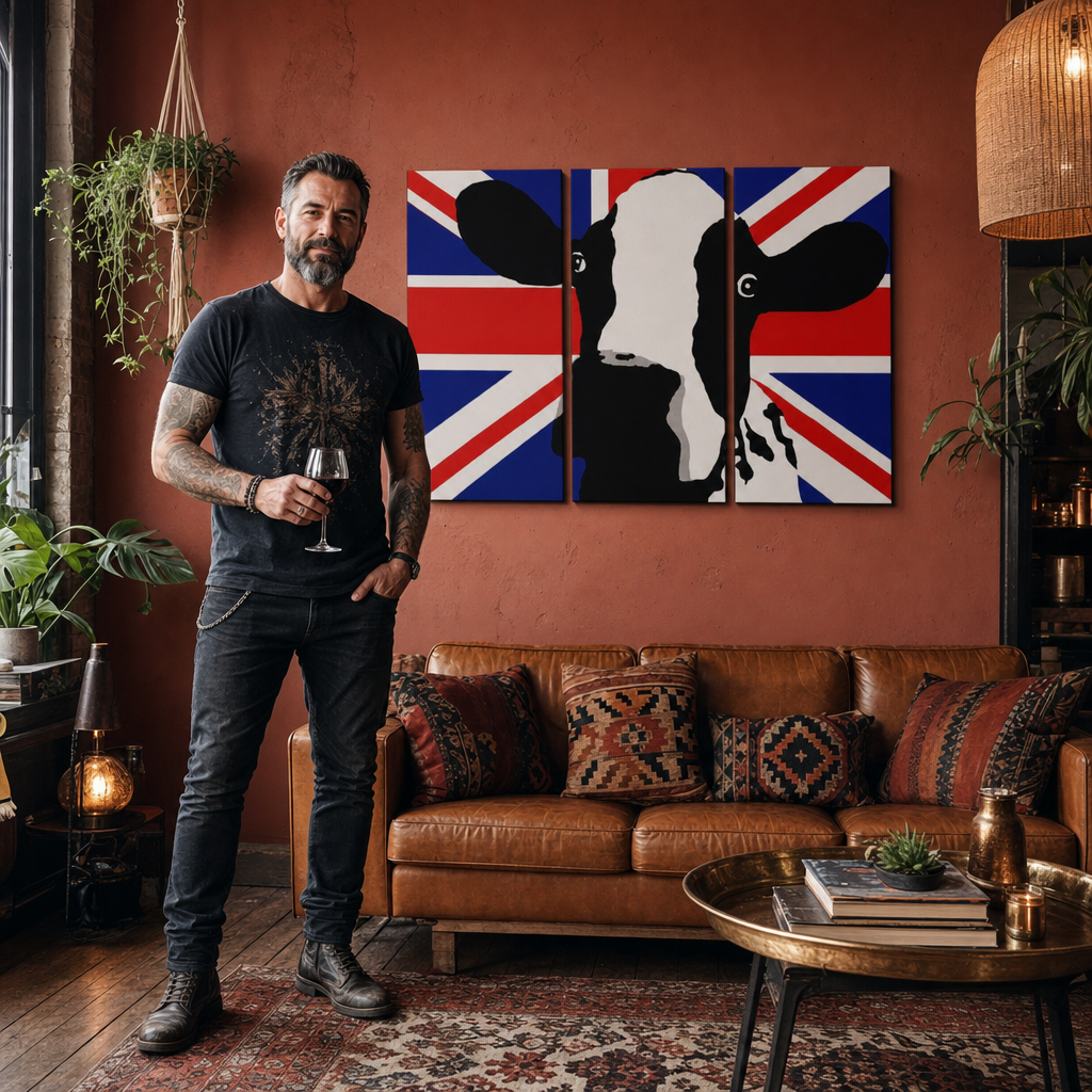 Ručne maľovaný POP Art obraz Cow – obraz v modernom mužskom interiéri, lifestyle vizualizácia. Dominantné farby: čierna, biela, červená, modrá, žltá.