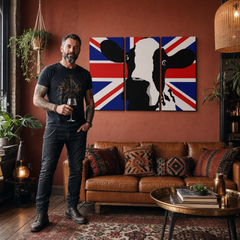 Ručne maľovaný POP Art obraz Cow – obraz v modernom mužskom interiéri, lifestyle vizualizácia. Dominantné farby: čierna, biela, červená, modrá, žltá.