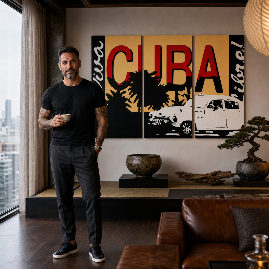 Ručne maľovaný POP Art obraz Cuba – obraz v modernom mužskom interiéri, lifestyle vizualizácia. Dominantné farby: čierna, červená, oranžová, žltá, biela.