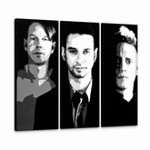 Ručne maľovaný POP Art obraz Depeche Mode – 3D vizualizácia ručne maľovaného plátna na bielom pozadí. Dominantné farby: čierna, biela, šedá.