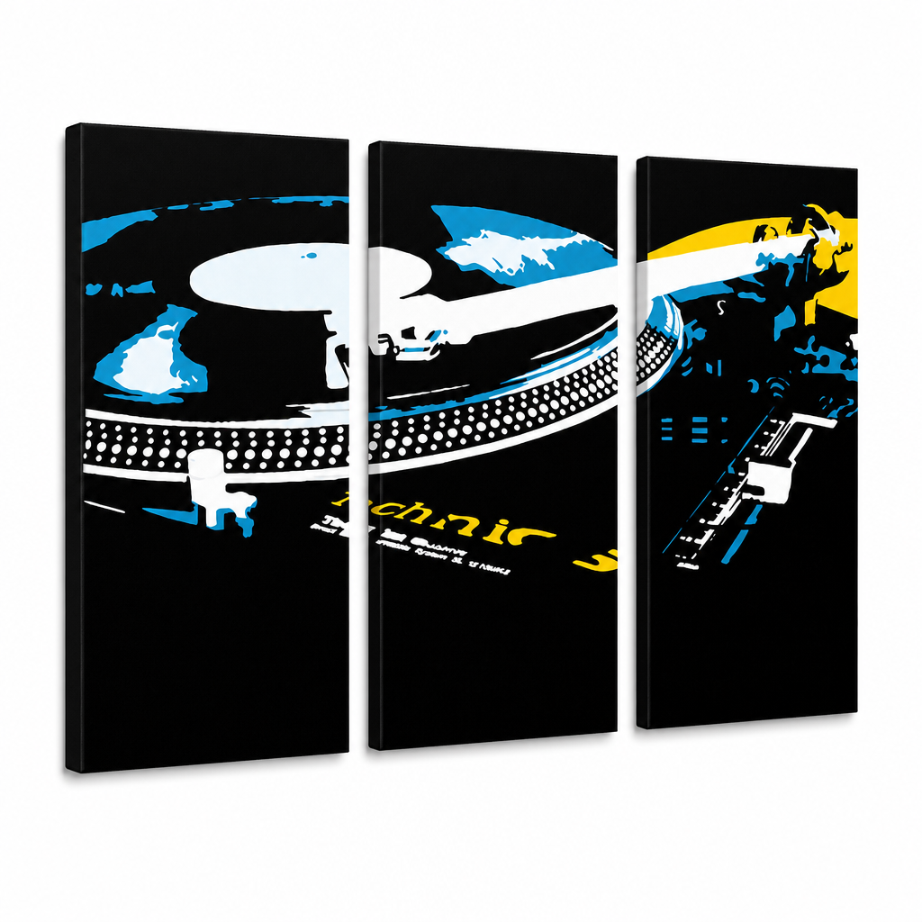 Ručne maľovaný POP Art obraz DJ – 3D vizualizácia ručne maľovaného plátna na bielom pozadí. Dominantné farby: čierna, modrá, žltá, biela.