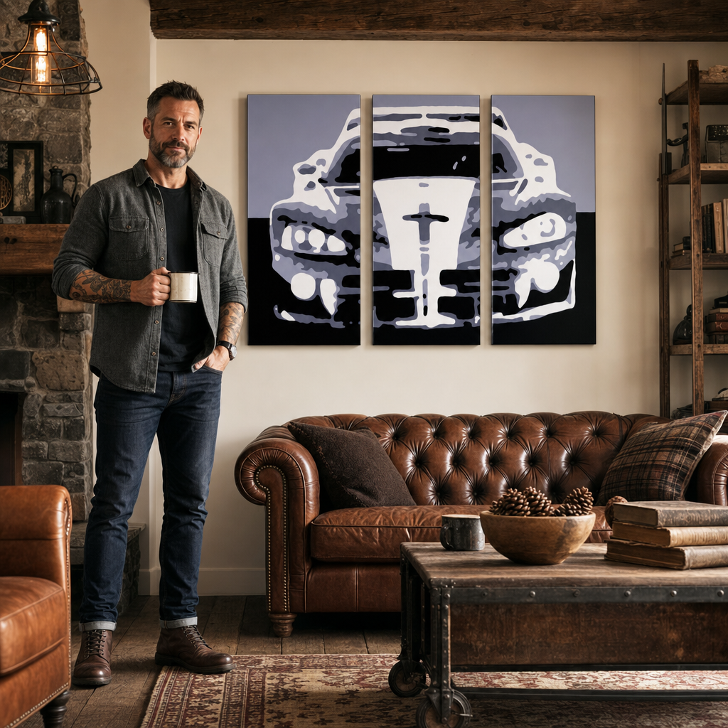 Ručne maľovaný POP Art obraz Dodge Viper GTS – obraz v modernom mužskom interiéri, lifestyle vizualizácia. Dominantné farby: čierna, sivá, biela.