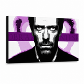 Ručne maľovaný POP Art obraz Dr. HOUSE 1010 – 3D vizualizácia ručne maľovaného plátna na bielom pozadí. Dominantné farby: čierna, biela, fialová, ružová, sivá.