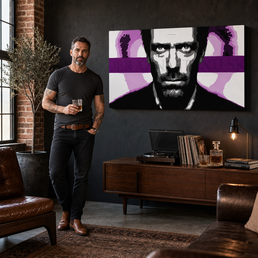 Ručne maľovaný POP Art obraz Dr. HOUSE 1010 – obraz v modernom mužskom interiéri, lifestyle vizualizácia. Dominantné farby: čierna, biela, fialová, ružová, sivá.