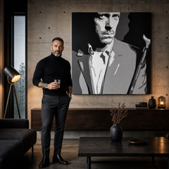 Ručne maľovaný POP Art obraz Dr. HOUSE – obraz v modernom mužskom interiéri, lifestyle vizualizácia. Dominantné farby: čierna, biela, sivá.