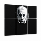 Ručne maľovaný POP Art obraz Einstein – 3D vizualizácia ručne maľovaného plátna na bielom pozadí. Dominantné farby: čierna, biela, sivá.