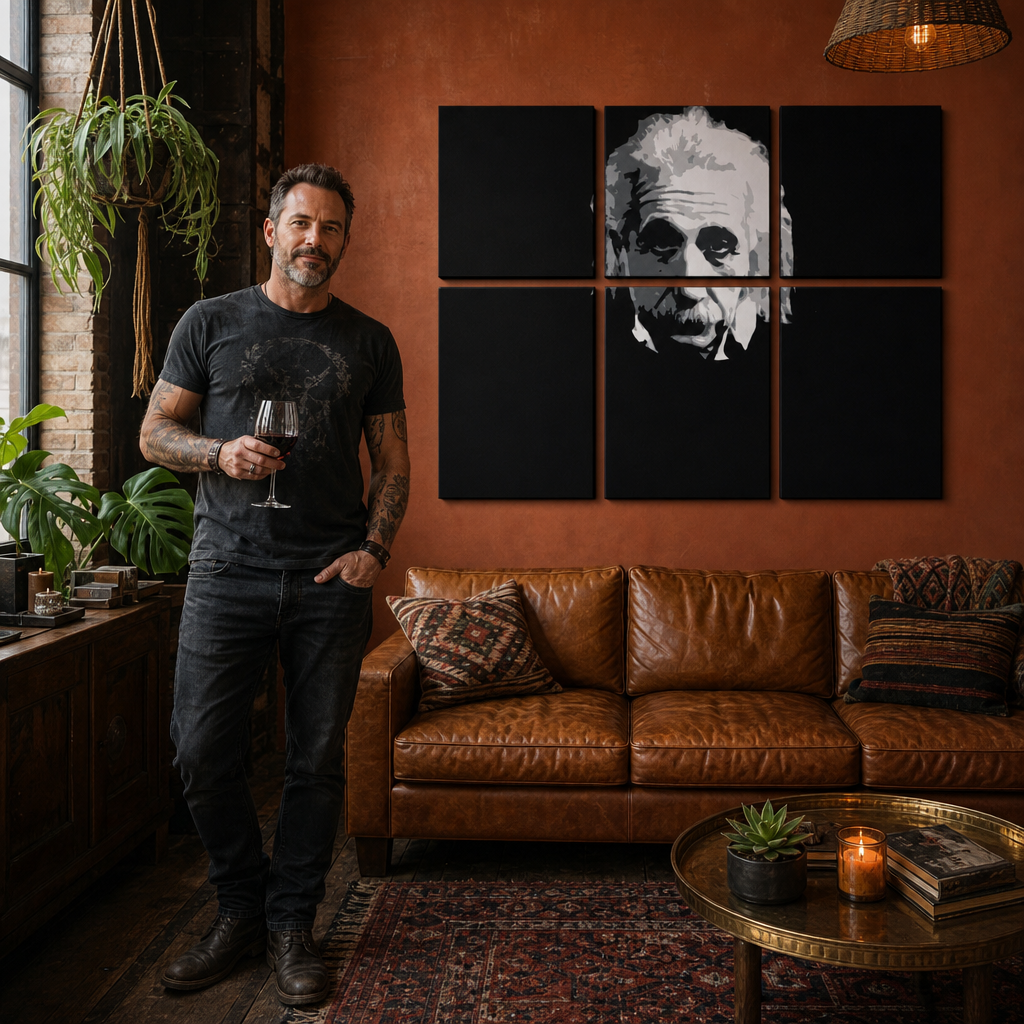 Ručne maľovaný POP Art obraz Einstein – obraz v modernom mužskom interiéri, lifestyle vizualizácia. Dominantné farby: čierna, biela, sivá.
