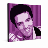 Ručne maľovaný POP Art obraz Elvis Presley – 3D vizualizácia ručne maľovaného plátna na bielom pozadí. Dominantné farby: fialová, biela, čierna.