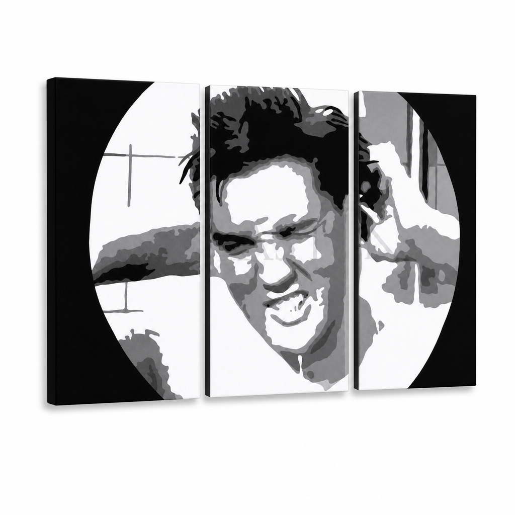 Ručne maľovaný POP Art obraz ELVIS – 3D vizualizácia ručne maľovaného plátna na bielom pozadí. Dominantné farby: čierna, biela, žltá.