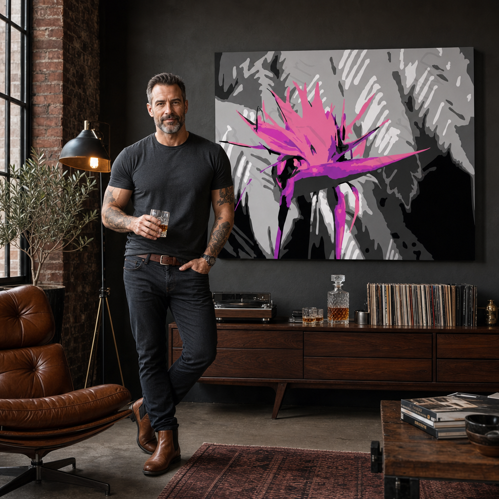 Ručne maľovaný POP Art obraz Flower – obraz v modernom mužskom interiéri, lifestyle vizualizácia. Dominantné farby: čierna, ružová, fialová.