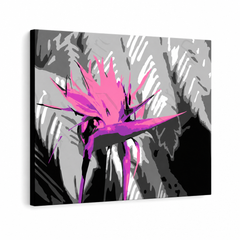 Ručne maľovaný POP Art obraz Flower – 3D vizualizácia ručne maľovaného plátna na bielom pozadí. Dominantné farby: čierna, ružová, fialová.
