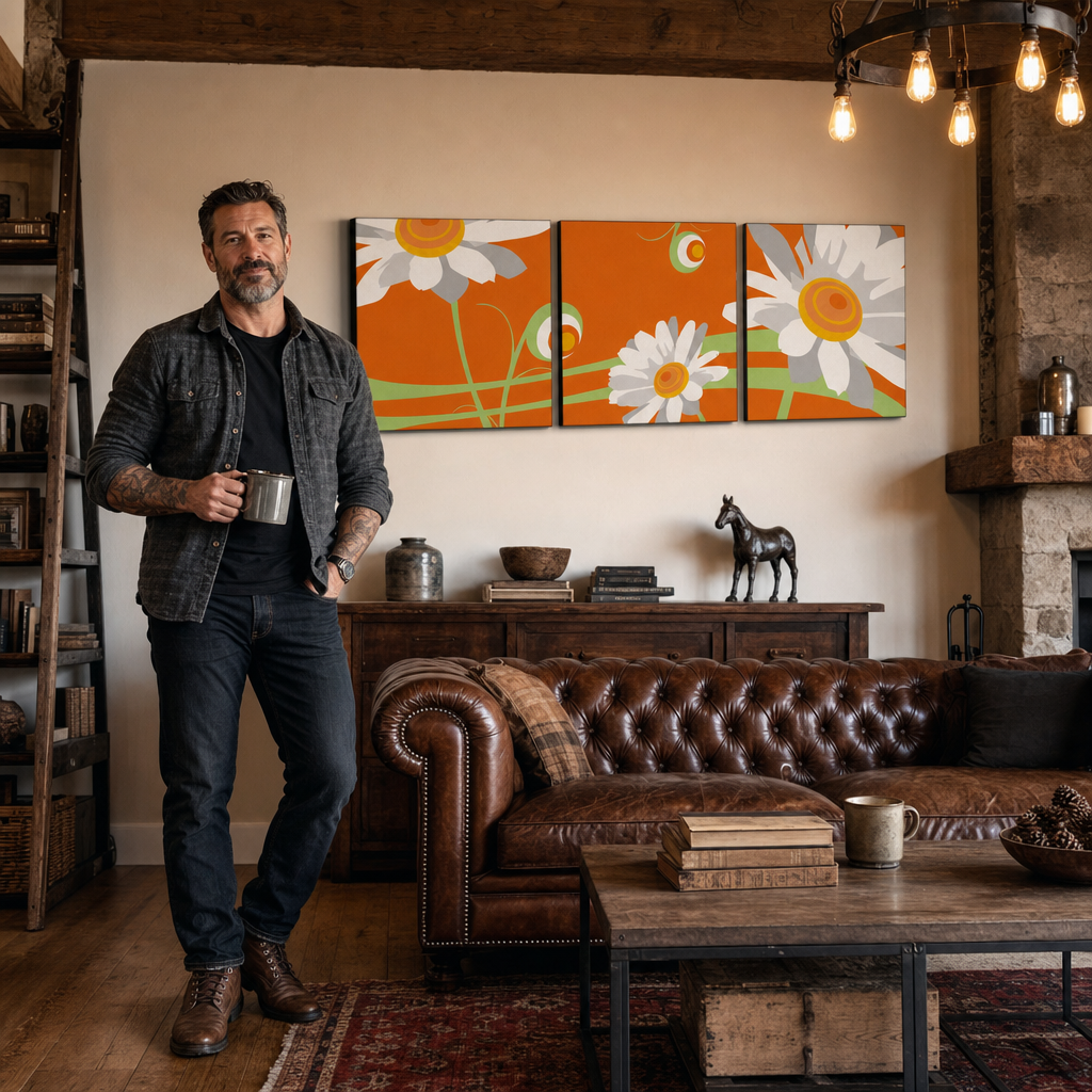 Ručne maľovaný POP Art obraz Flower – obraz v modernom mužskom interiéri, lifestyle vizualizácia. Dominantné farby: oranžová, biela, zelená, žltá.