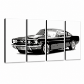 Ručne maľovaný POP Art obraz Ford Mustang – 3D vizualizácia ručne maľovaného plátna na bielom pozadí. Dominantné farby: čierna, sivá, biela.